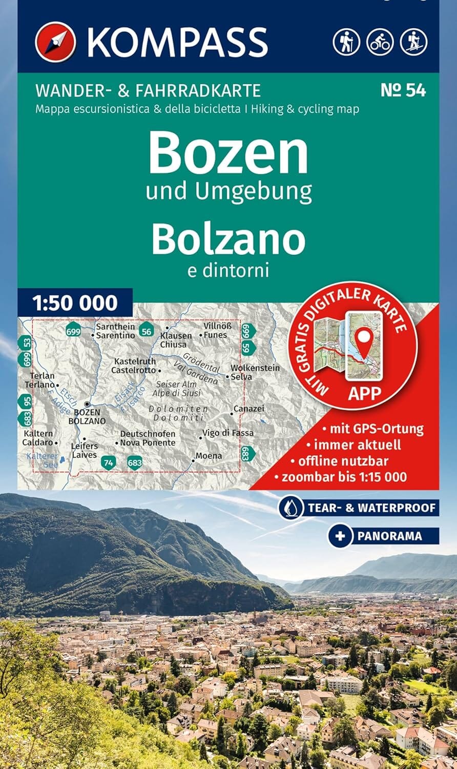Carte de randonnée n° 54 - Bozen / Bolzano & environs (Italie) | Kompass carte pliée Kompass 