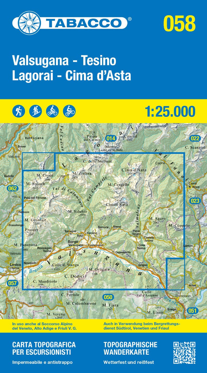 Carte de randonnée n° 58 - Valsugana, Tesino Lagorai, Cima d'Asta | Tabacco carte pliée Tabacco 