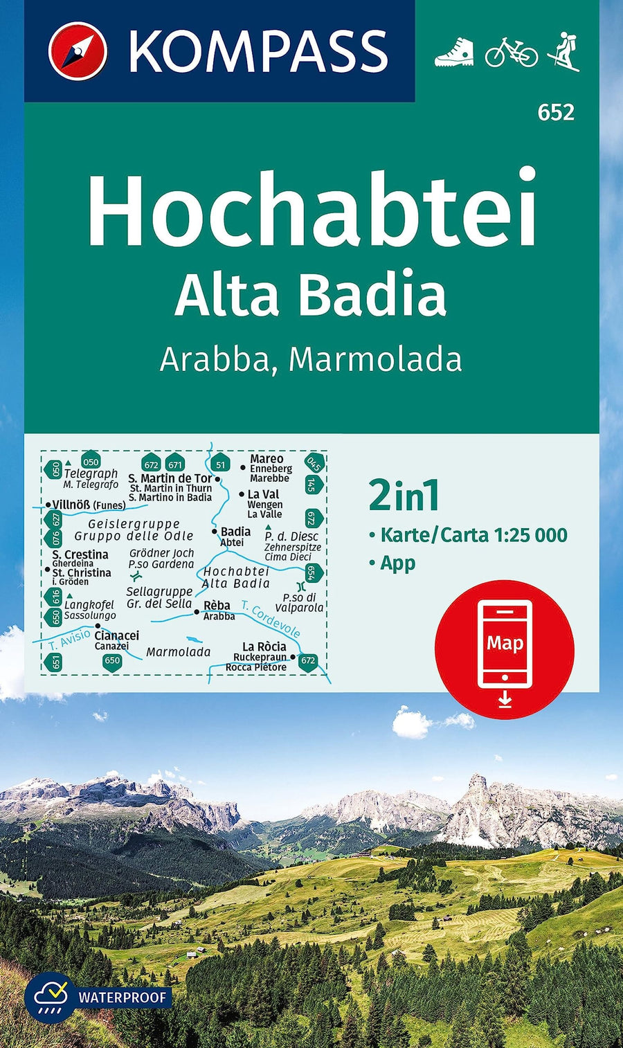 Carte de randonnée n° 652 - Hochabtei, Alta Badia, Arabba, Marmolada (Italie) | Kompass carte pliée Kompass 