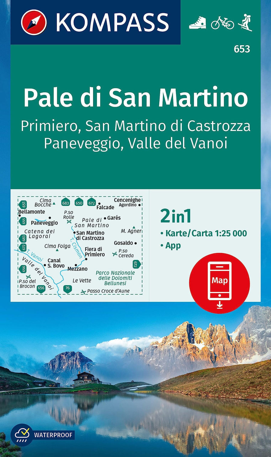 Carte de randonnée n° 653 - Pale di San Martino (Italie) | Kompass carte pliée Kompass 