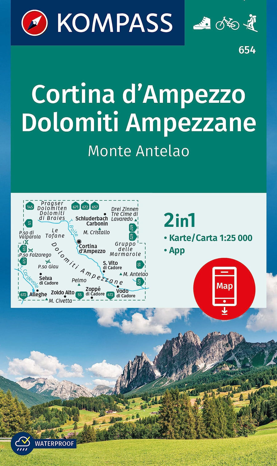 Carte de randonnée n° 654 - Cortina d'Ampezzo (Italie) | Kompass carte pliée Kompass 
