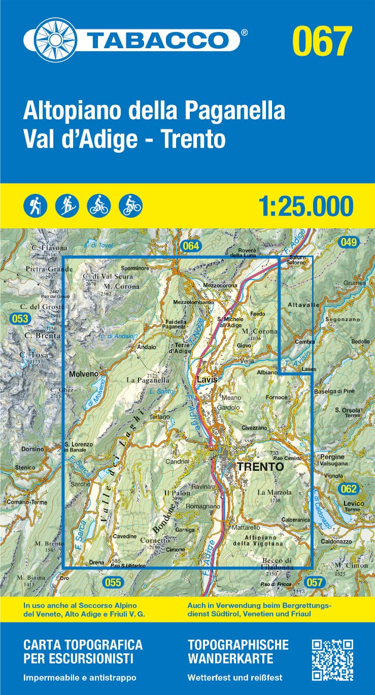 Carte de randonnée n° 67 - Altopiano della Paganella, Val d'Adige, Trento | Tabacco carte pliée Tabacco 