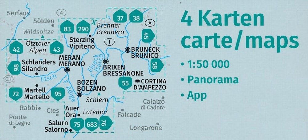 Carte de randonnée n° 699 - Südtirol, Alto Adige (Italie) - lot de 4 | Kompass carte pliée Kompass 