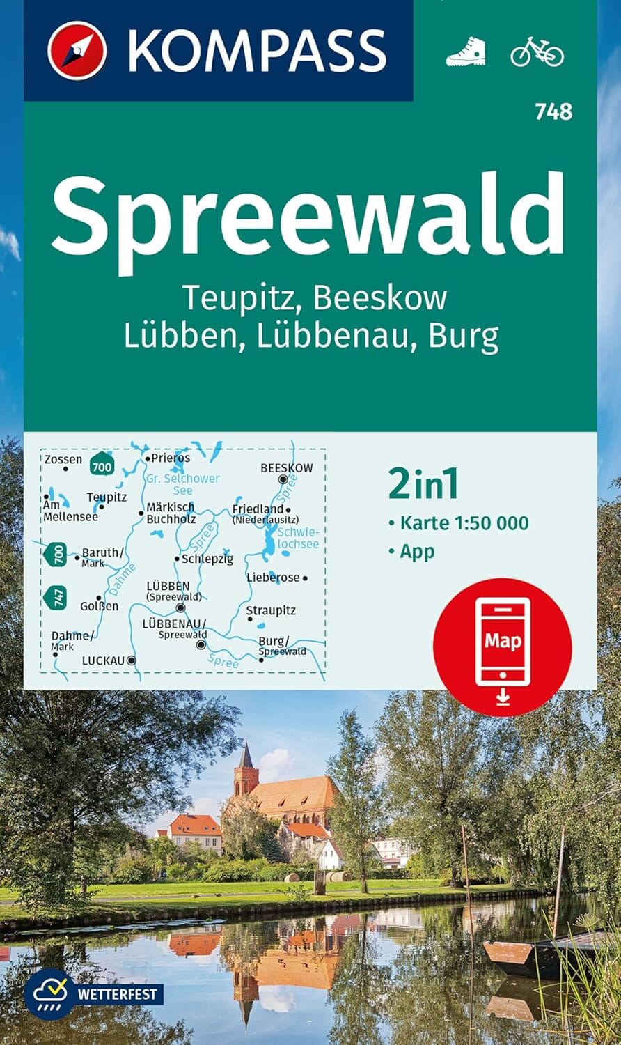 Carte de randonnée n° 748 - Spreewald (forêt de la Sprée), Teupitz, Burg + Guide (Allemagne) | Kompass carte pliée Kompass 