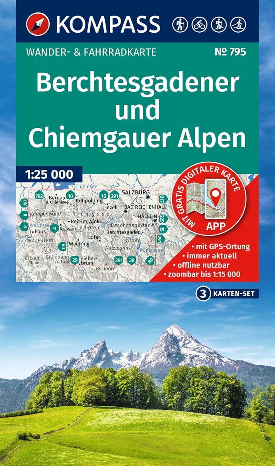 Carte de randonnée n° 795 - Alpes de Berhtesgaden et de Chiemgau (Allemagne) | Kompass carte pliée Kompass 