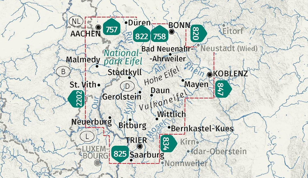 Carte de randonnée n° 833 - Eifel (Allemagne), lot de 4 cartes | Kompass carte pliée Kompass 