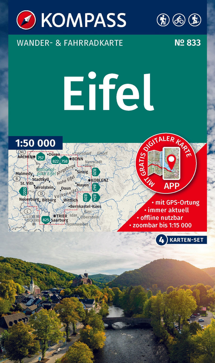 Carte de randonnée n° 833 - Eifel (Allemagne), lot de 4 cartes | Kompass carte pliée Kompass 