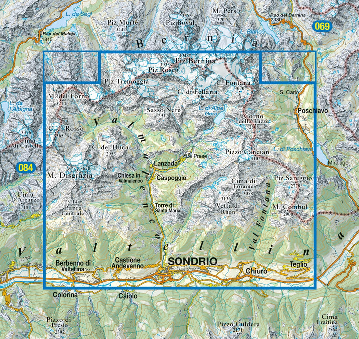 Carte de randonnée n° 85 - Bernina, Valmalenco, Sondrio (Italie) | Tabacco carte pliée Tabacco 