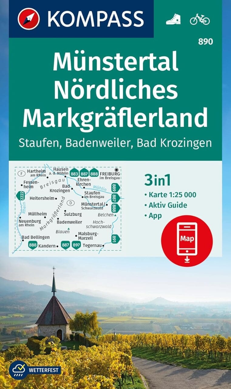 Carte de randonnée n° 890 - Münstertal, Nördliches Markgräflerland (Allemagne) | Kompass carte pliée Kompass 