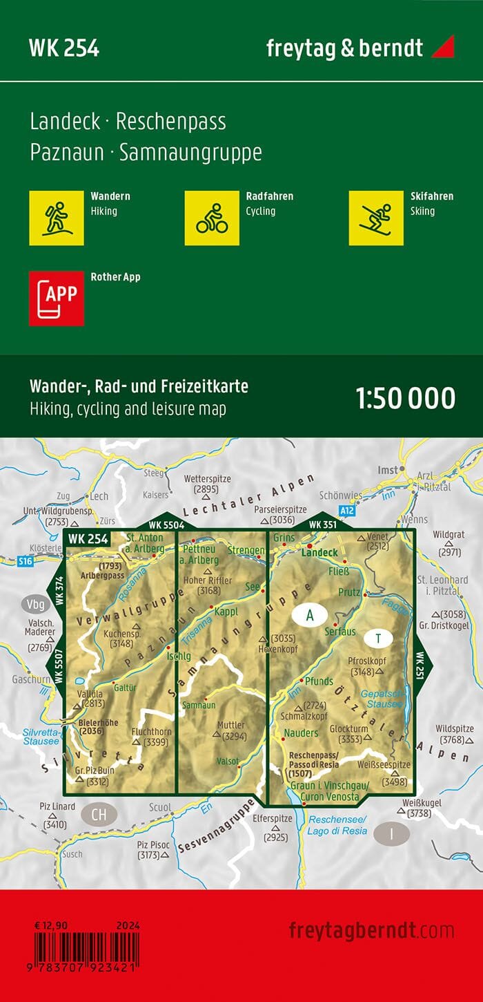 Carte de randonnée n° WK254 - Landeck, Reschenpass, Samnaun Alps, Paznaun (Tyrol, Tyrol du Sud) | Freytag & Berndt carte pliée Freytag & Berndt 