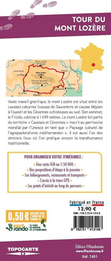 Carte de randonnée - Tour du mont Lozère | FFRandonnée carte pliée FFR - Fédération Française de Randonnée 