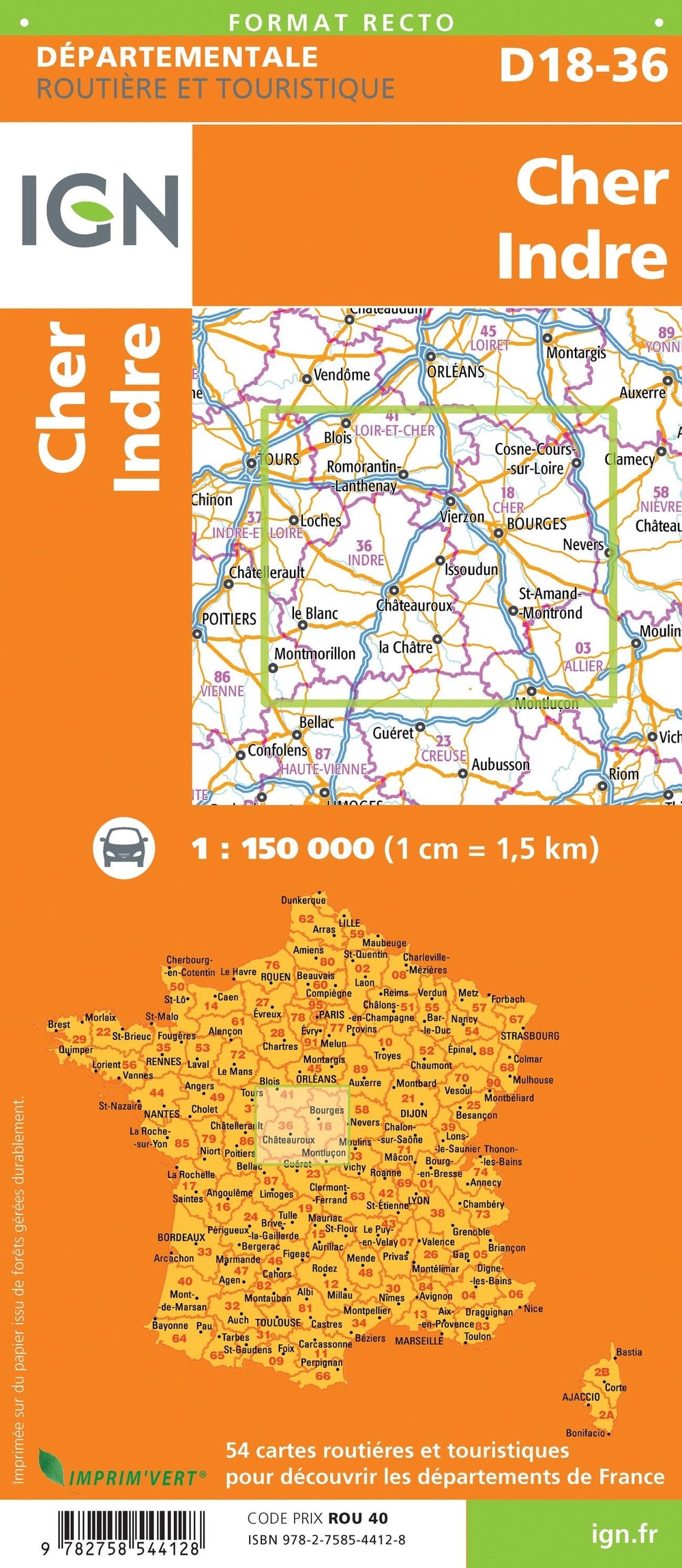 Carte départementale D18-36 - Cher & Indre - VERSION MURALE ET PLASTIFIEE | IGN carte murale hors dimensions IGN 