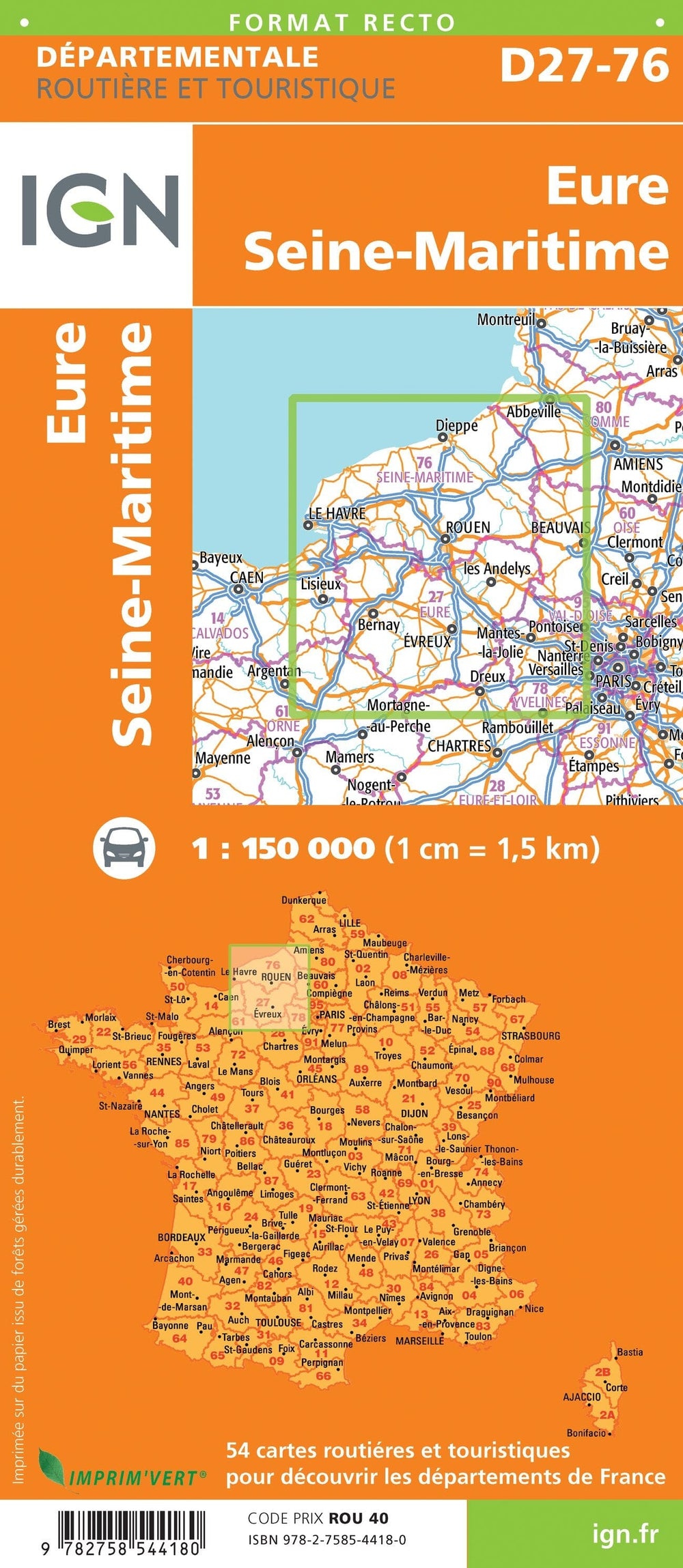 Carte départementale D27-76 - Eure & Seine-Maritime - VERSION MURALE ET PLASTIFIEE | IGN carte murale hors dimensions IGN 