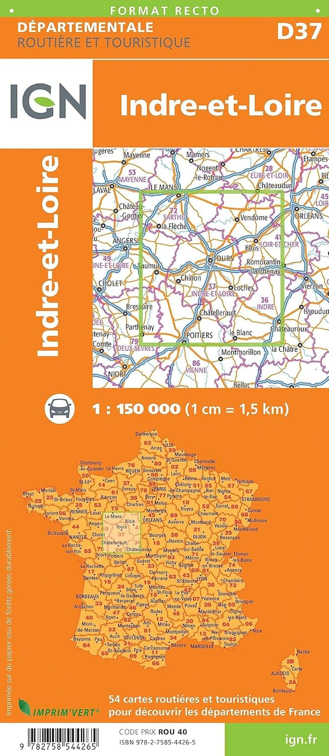 Carte départementale D37 - Indre-et-Loire | IGN carte de voyage IGN 