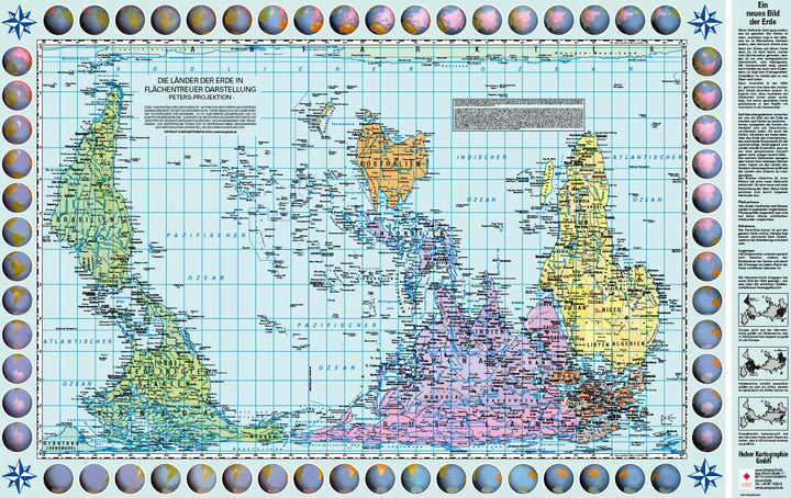 Carte murale (en allemand) - Le Monde politique, centré sur le Pacifique, upside down - Projection de Gall-Peters (82 x 52 cm) | Huber carte murale petit tube Huber 