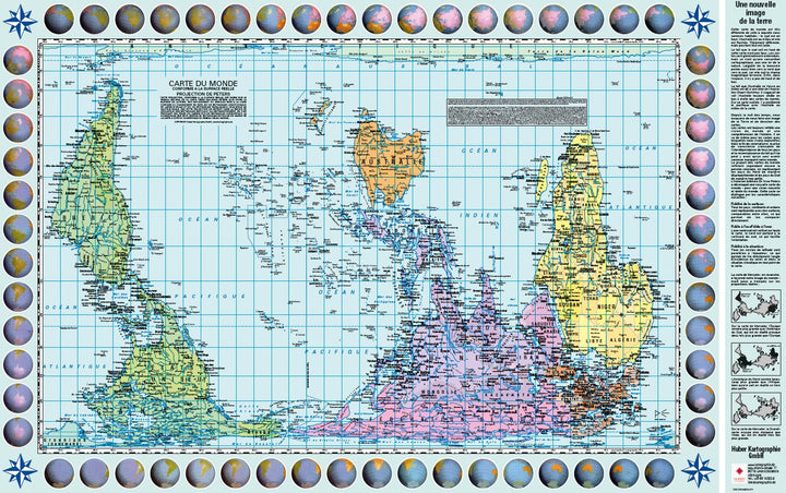 Carte murale (en français) - Le Monde politique, centré sur le Pacifique, upside down - Projection de Gall-Peters (82 x 52 cm) | Huber carte murale petit tube Huber 