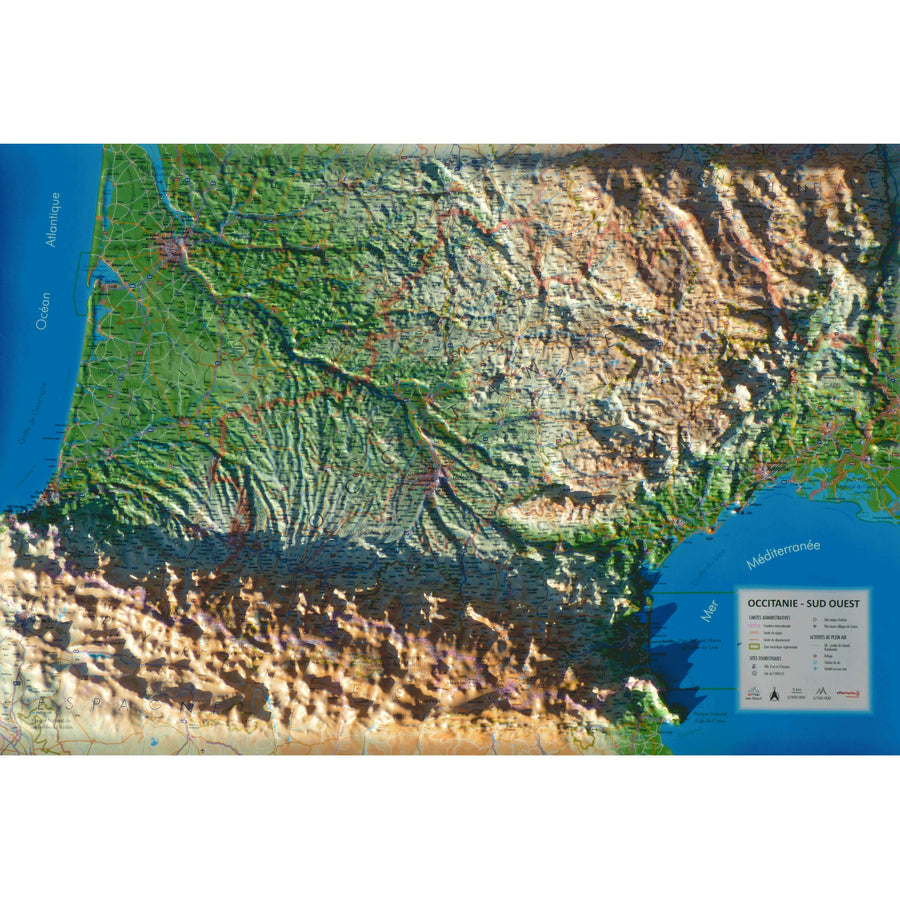 Carte murale en relief - Occitanie & Sud-Ouest de la France - 61 cm x 41 cm | 3D Map carte relief 3D Map 