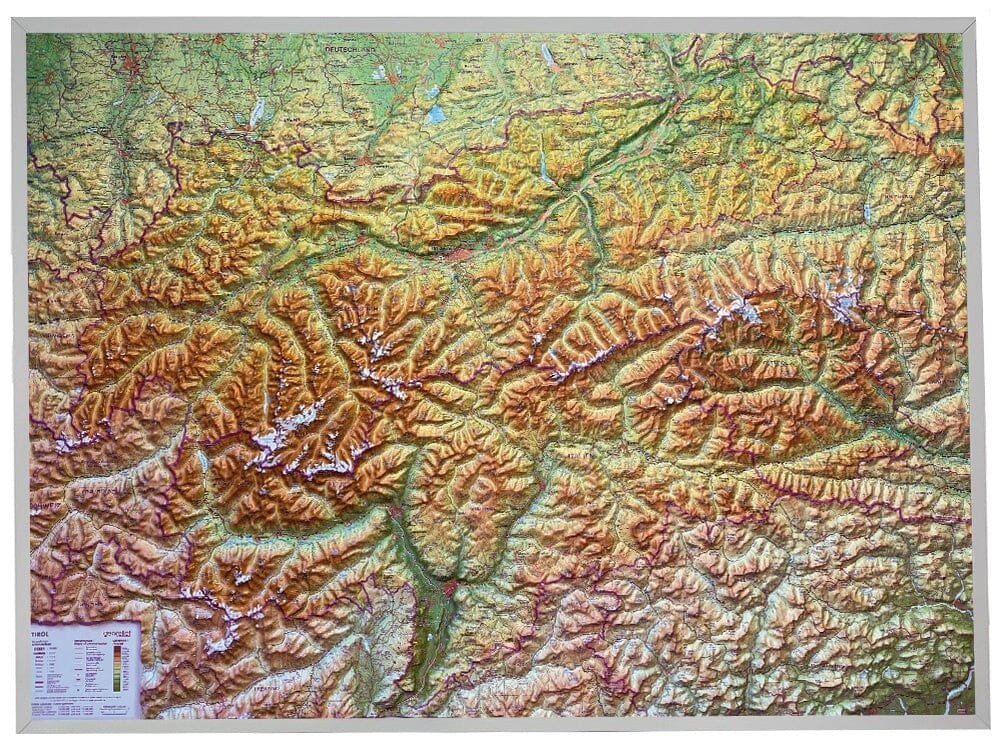 Carte murale en relief - Tyrol (en anglais), avec cadre aluminium - 77 x 57 cm | Georelief carte relief Georelief 