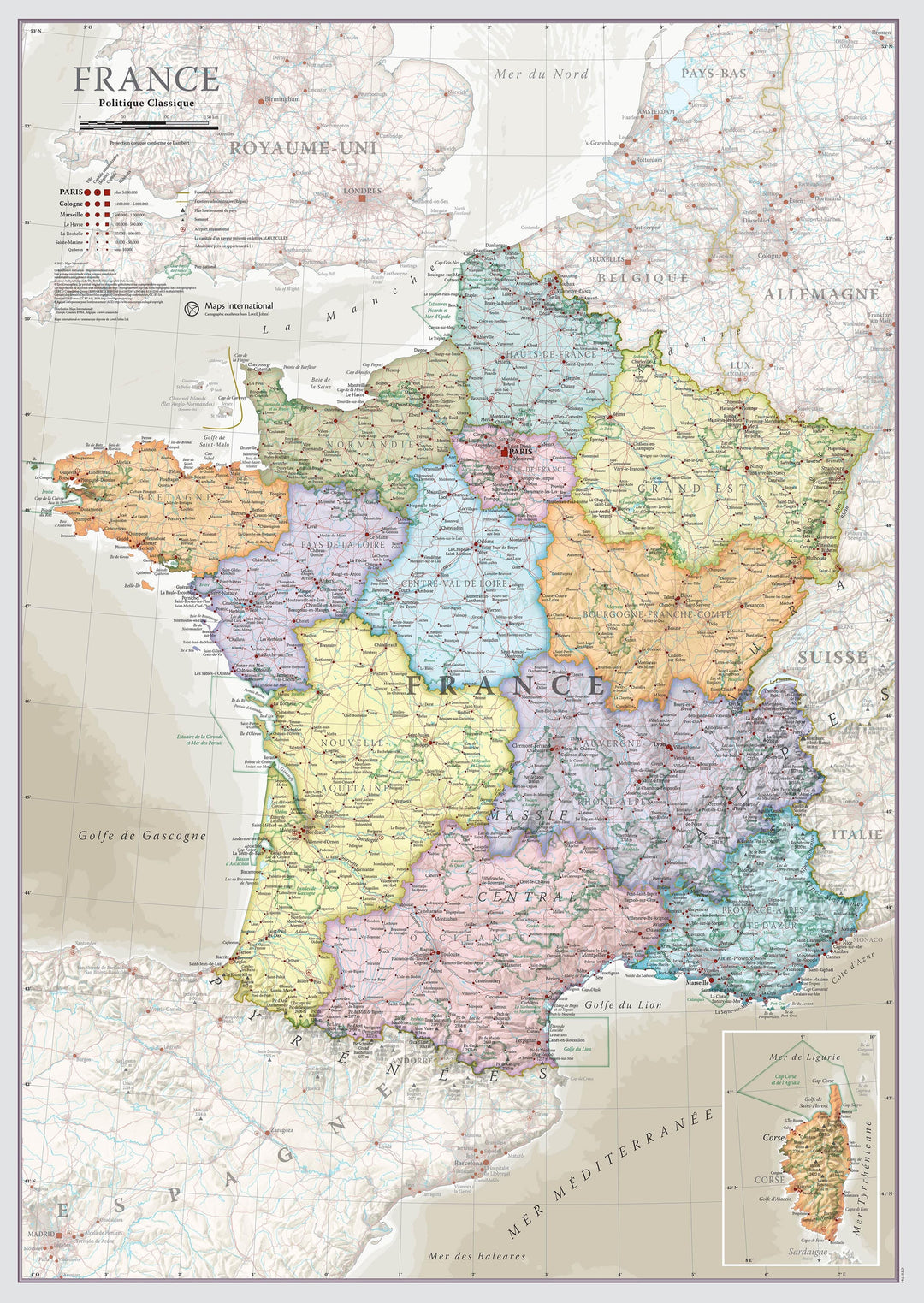 Carte murale - France, style classique - 42 x 60 cm | Maps International carte murale petit tube Maps International 