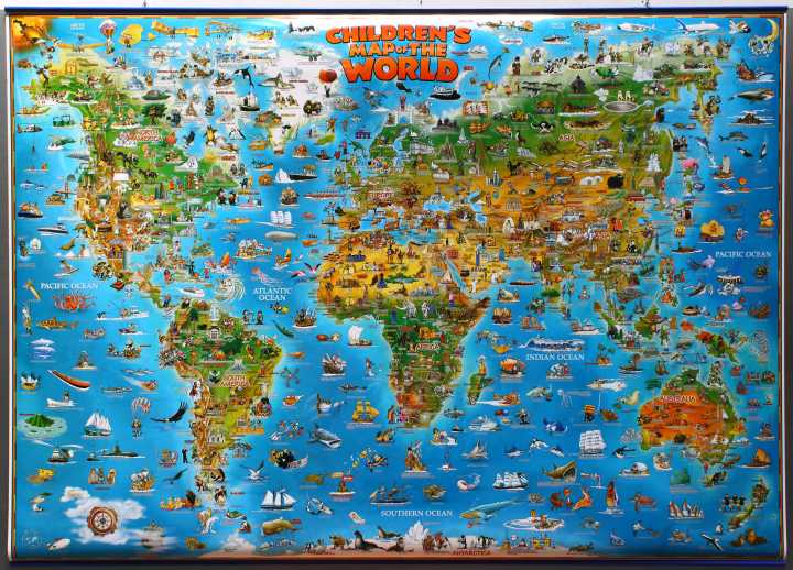 Carte murale illustrée pour enfants (plastifiée, avec lattes métalliques de maintien) - Le Monde - 137 x 100 cm (en anglais) | Dino carte murale grand tube Dino's Maps 