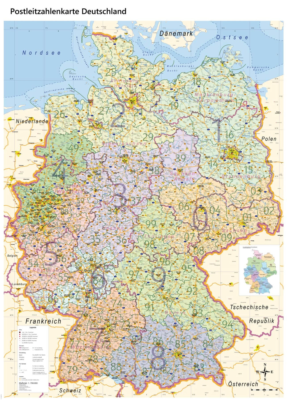 Carte murale plastifiée (en allemand) - Allemagne, avec codes postaux (100 x 140 cm) + baguettes métalliques | GeoMetro carte murale petit tube taux réduit GeoMetro 