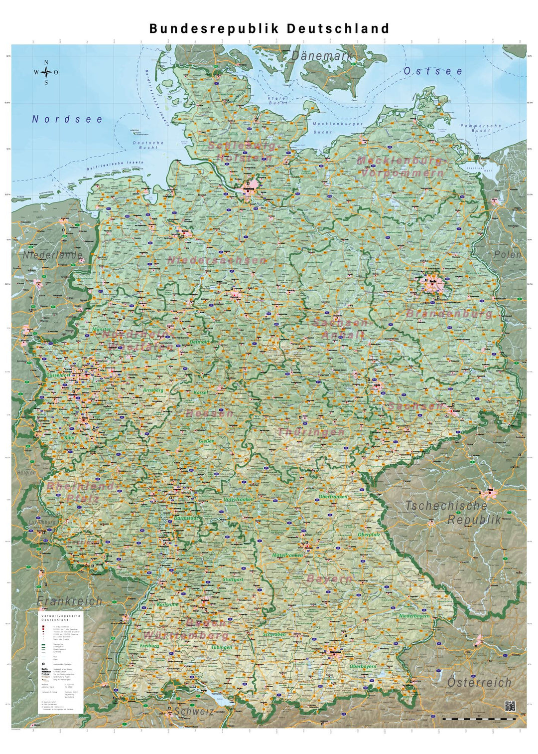 Carte murale plastifiée (en allemand) - Allemagne physique (100 x 140 cm) | GeoMetro carte murale petit tube taux réduit GeoMetro 