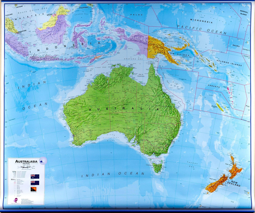 Carte murale plastifiée – Australasie politique (en anglais) – 120 x 100 cm | Maps International - La Compagnie des Cartes