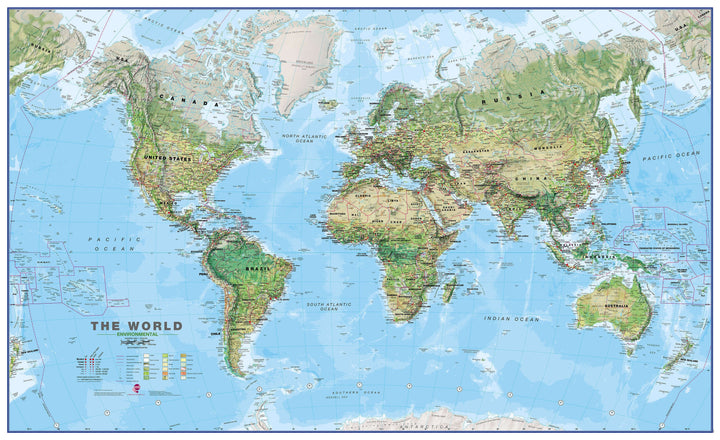 Carte murale plastifiée (en anglais) - Monde environnemental - 1/30M (136 x 86 cm) | Maps International carte murale petit tube Maps International 