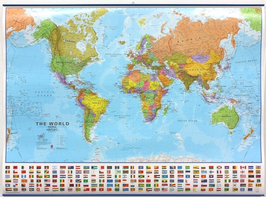 Carte murale (en anglais) - Monde politique (avec drapeaux) | Maps International carte murale petit tube Maps International 136 x 100 cm Plastifiée + lattes 