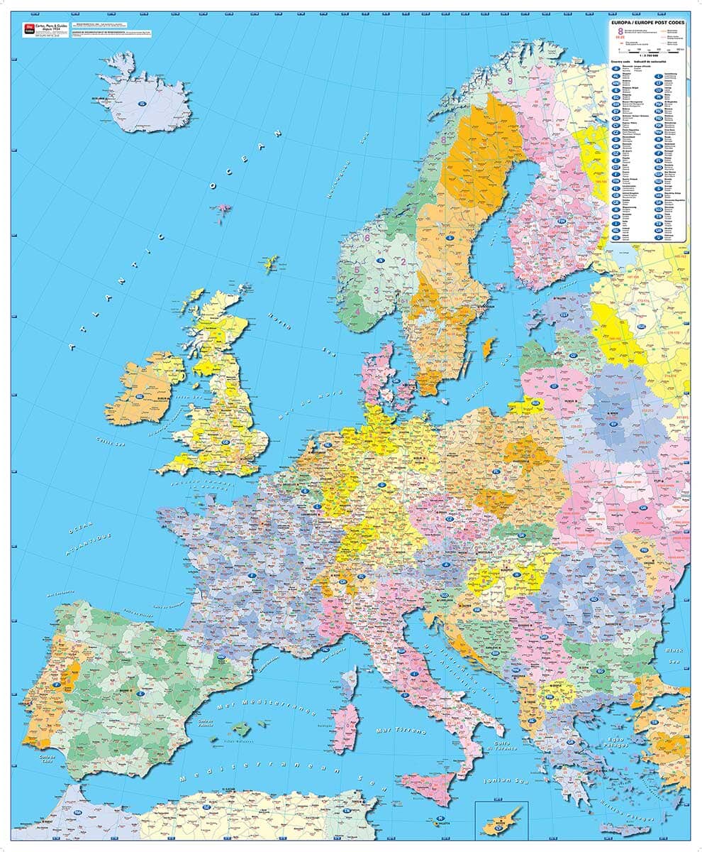 Carte murale plastifiée - Europe, codes postaux (95 x 115 cm) | Blay Foldex carte murale hors dimensions Blay Foldex 