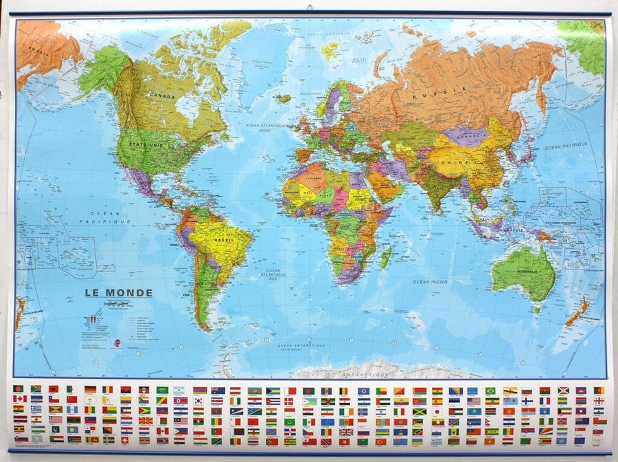Carte murale - Monde politique (avec drapeaux) - 136 x 100 cm | Maps International carte murale grand tube Maps International Plastifiée + Lattes métalliques de maintien 