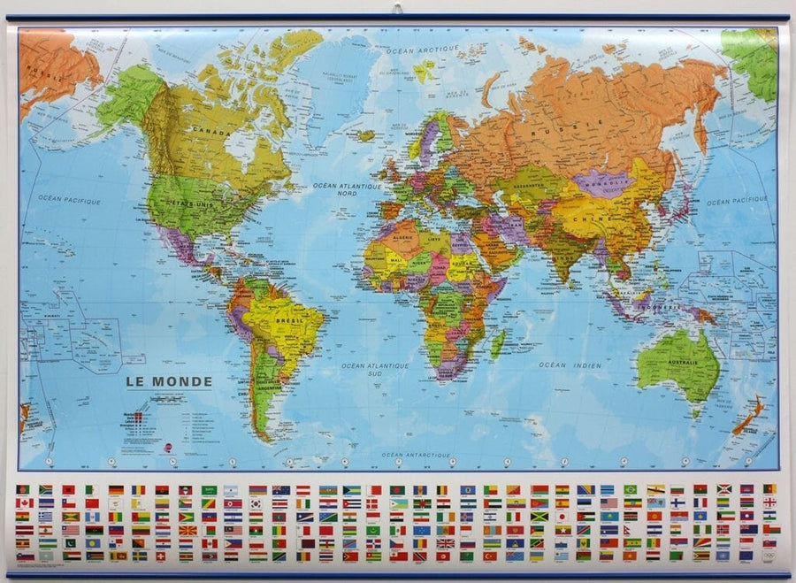 Carte murale - Monde politique - 69 x 53 cm | Maps International carte murale petit tube Maps International plastifiée + lattes métalliques 