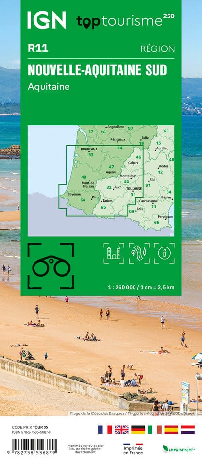 Carte régionale n° 11 : Nouvelle Aquitaine Sud - VERSION MURALE ET PLASTIFIEE | IGN carte murale hors dimensions IGN 