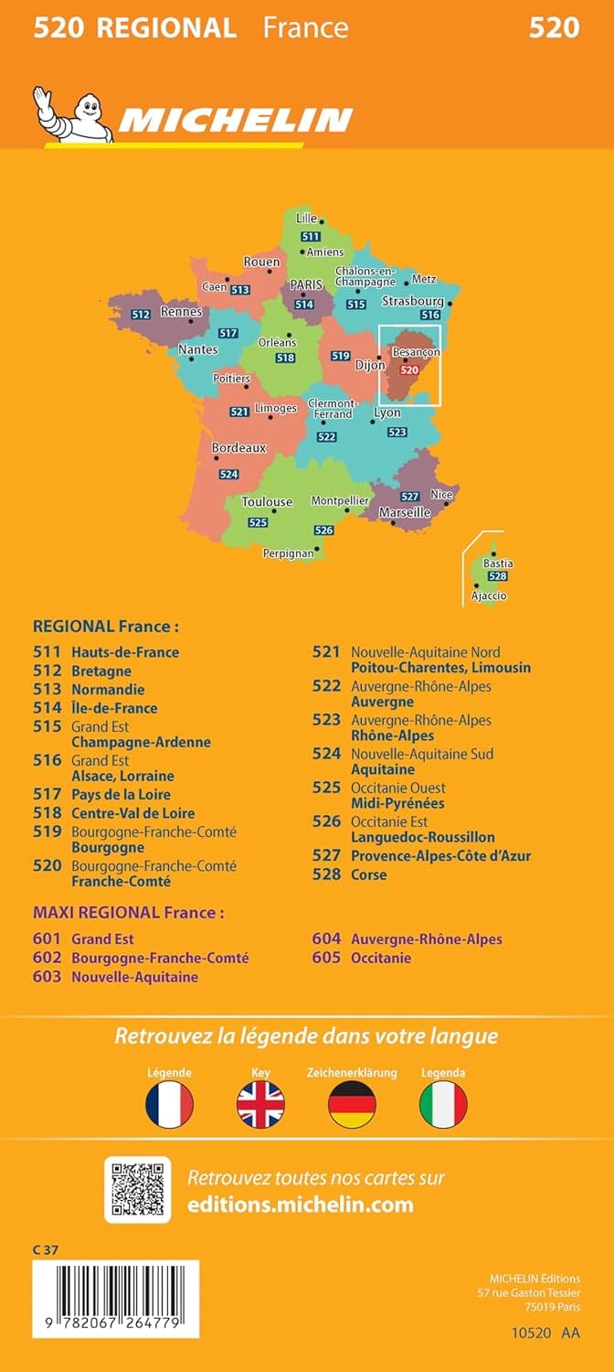 Carte régionale n° 520 - Bourgogne-Franche-Comté : Franche-Comté 2025 | Michelin carte pliée Michelin 