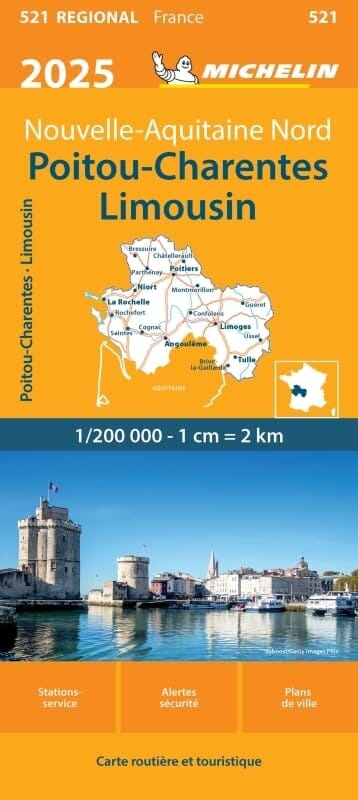 Carte régionale n° 521 - Nouvelle-Aquitaine Nord : Poitou-Charentes, Limousin 2025 | Michelin carte pliée Michelin 