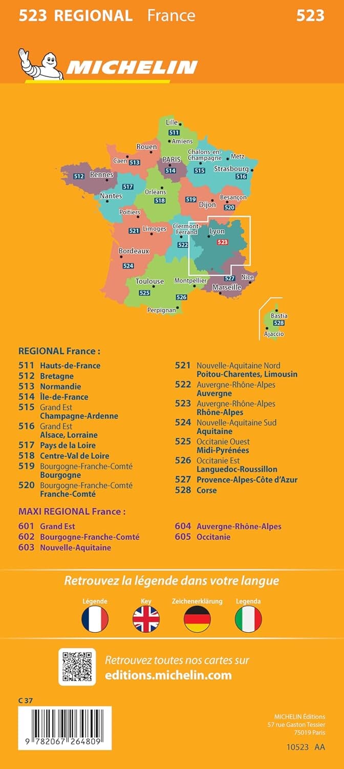 Carte régionale n° 523 - Auvergne-Rhône-Alpes : Rhône-Alpes 2025 | Michelin carte pliée Michelin 