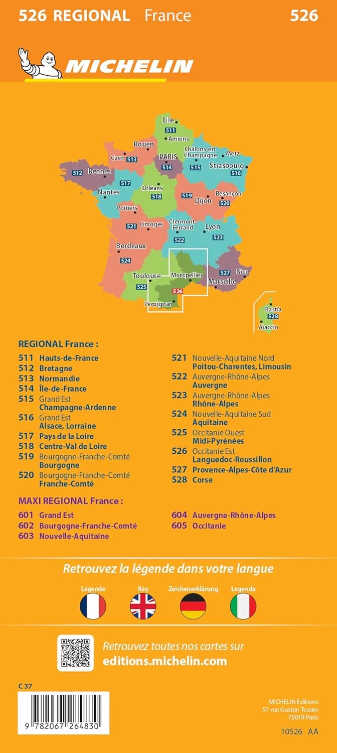 Carte régionale n° 526 - Occitanie Est : Languedoc-Roussillon 2025 - VERSION MURALE ET PLASTIFIEE | Michelin carte murale hors dimensions Michelin 