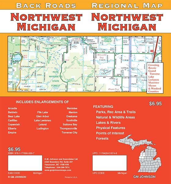 Carte régionale - Nord-ouest du Michigan (routes secondaires) | GM Johnson carte pliée GM Johnson 