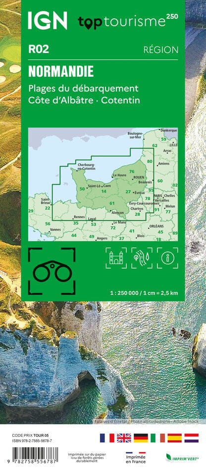 Carte régionale TOP 250 n° 2 - Normandie, Plages du Débarquement, Côte d'Albâtre, Cotentin | IGN carte pliée IGN 