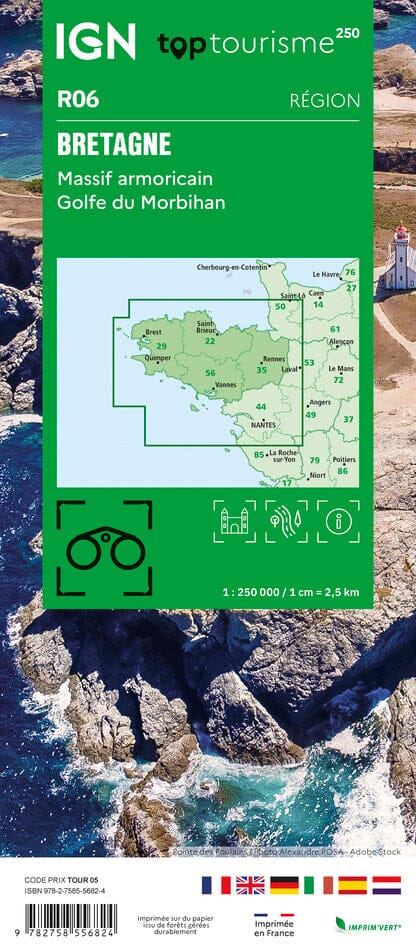 Carte régionale TOP 250 n° 6 - Bretagne, Massif Armoricain, Golfe du Morbihan | IGN carte pliée IGN 