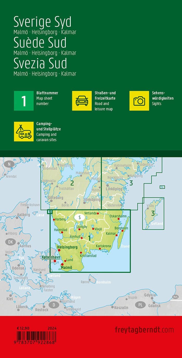 Carte routière n° 1 - Suède Sud (Malmö, Helsingborg, Kalmar) | Freytag & Berndt carte pliée Freytag & Berndt 