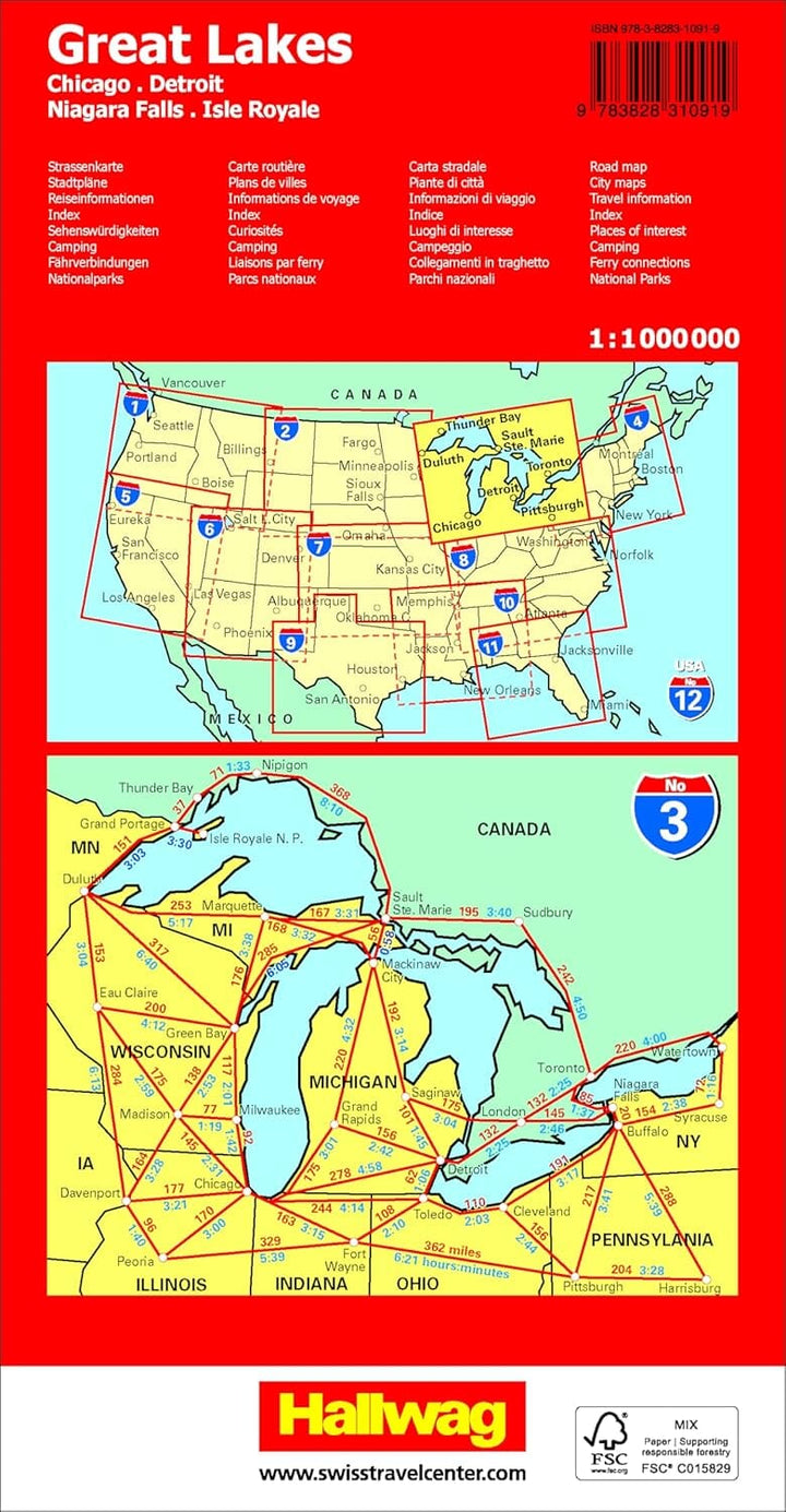 Carte routière n° 3 - Région des Grands lacs (USA) | Hallwag carte pliée Hallwag 