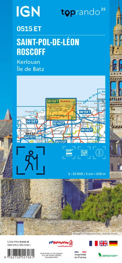 Carte TOP 25 n° 0515 ET - Saint-Paul-de-Léon, Roscoff, Kerlouan, Ile de Batz | IGN carte pliée IGN 