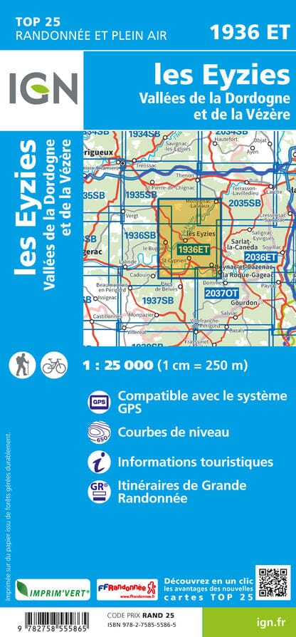 Carte TOP 25 n° 1936 ET - Les Eyzies, Vallées de la Dordogne , vallée de la Vézère | IGN carte pliée IGN 