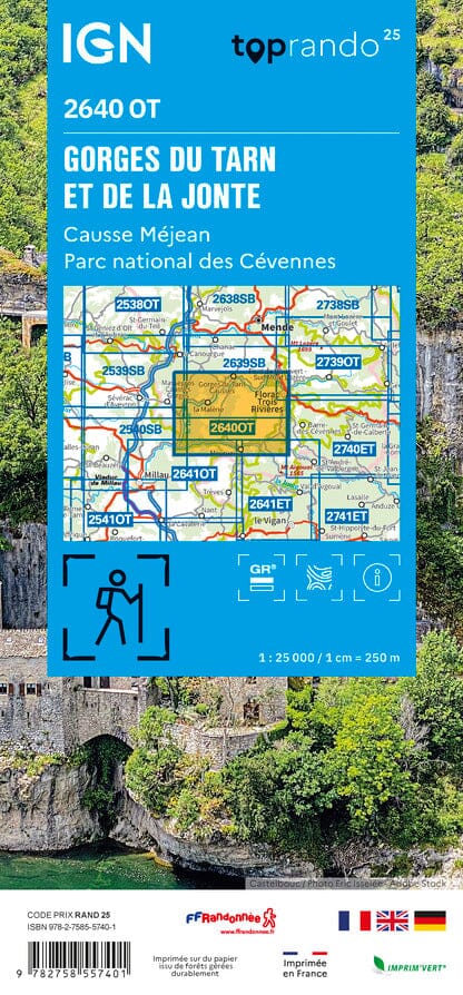 Carte TOP 25 n° 2640 OT - Gorges du Tarn et de la Jonte, Causse Méjan (PN des Cévennes) | IGN carte pliée IGN 