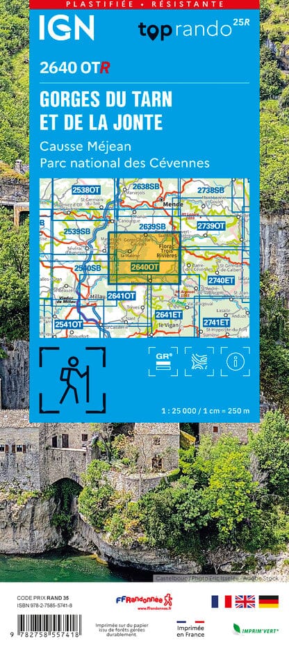 Carte TOP 25 n° 2640 OTR (résistante) - Gorges du Tarn et de la Jonte, Causse Méjan (PN des Cévennes) | IGN carte pliée IGN 