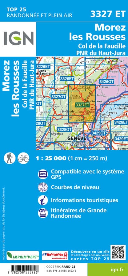 Carte TOP 25 n° 3327 ET - Morez, les Rousses & Col de la Faucille (PNR du Haut Jura) | IGN carte pliée IGN 