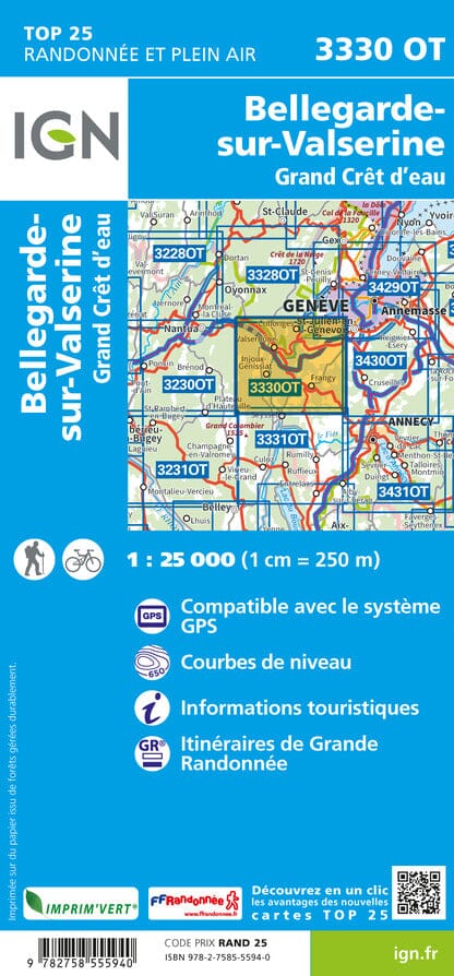 Carte TOP 25 n° 3330 OT - Bellegard-sur-Valserine, Grand Crêt d'eau (Alpes) | IGN carte pliée IGN 