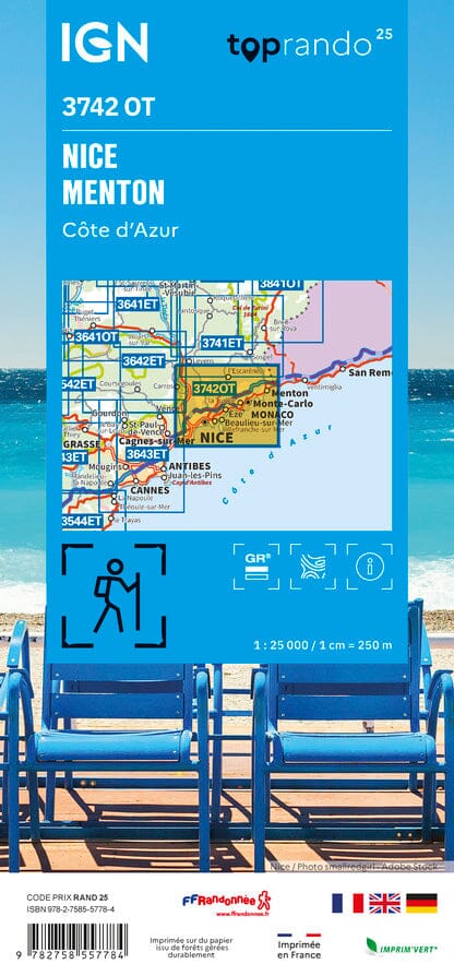 Carte TOP 25 n° 3742 OT - Nice, Menton (Côte d'Azur) | IGN carte pliée IGN 