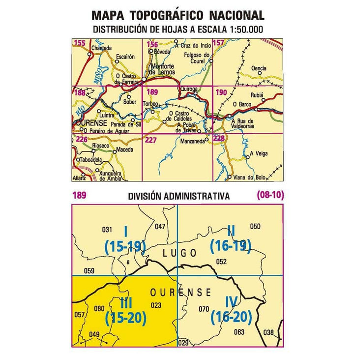 Carte topographique de l'Espagne n° 0189.3 - OCastrodeCaldelas | CNIG - 1/25 000 carte pliée CNIG 